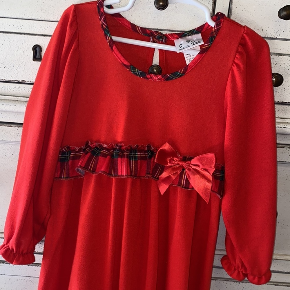 Laura Dare red Christmas plaid ruffles ribbon bow longsleeve nightgown pajamas 5 - Picture 2 of 6